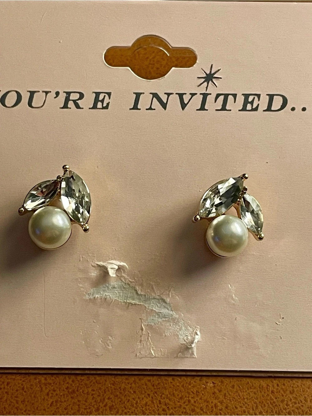 Your Invited Pearl & Crystal Drop Earrings in Gold & White NWT
